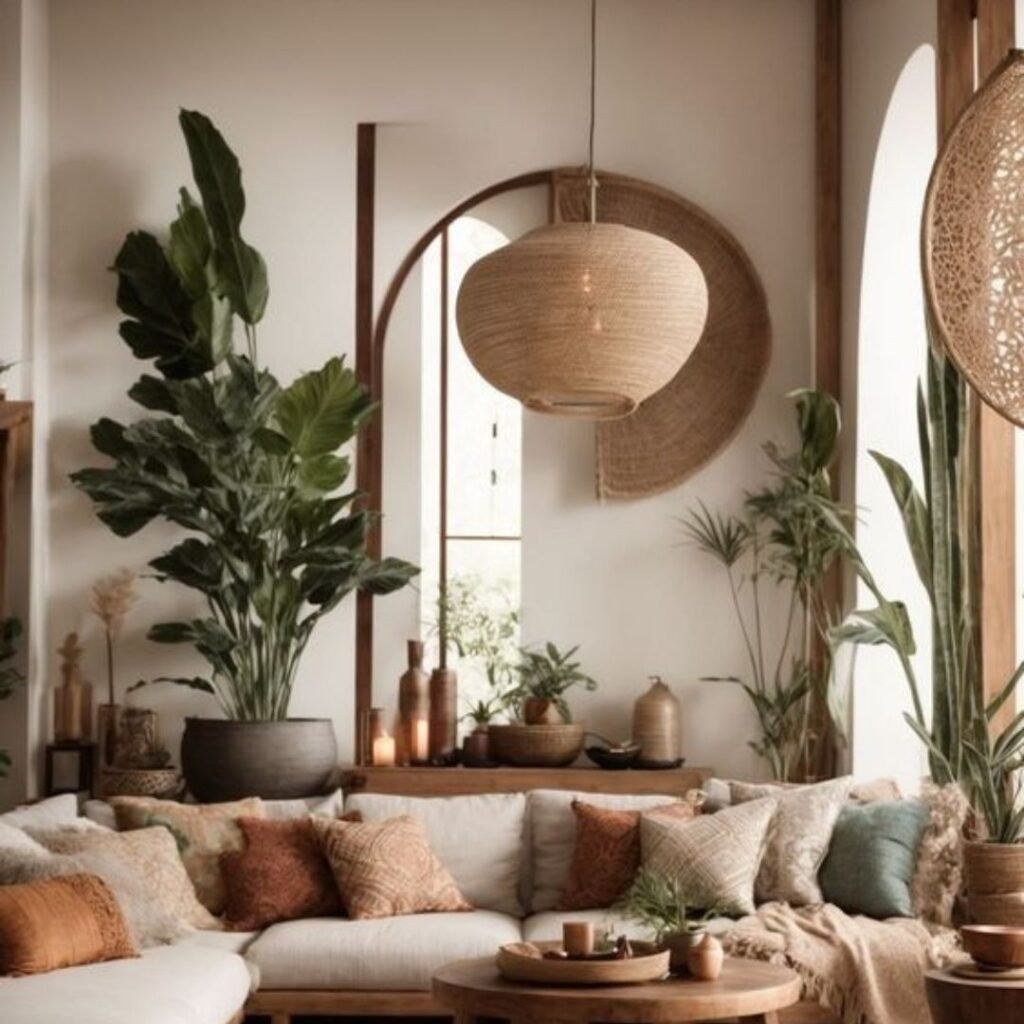 Sala com decoração Boho, sofá claro, almofadas terracota e materiais naturais