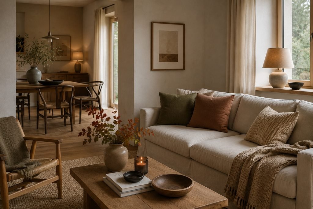 Uma divisão predominantemente neutra onde pequenas alterações, têxtil, luz, textura e dois ou três apontamentos cromáticos criam uma atmosfera mais quente. ALT: Interior neutro adaptado ao outono com pequenas mudanças de textura e cor