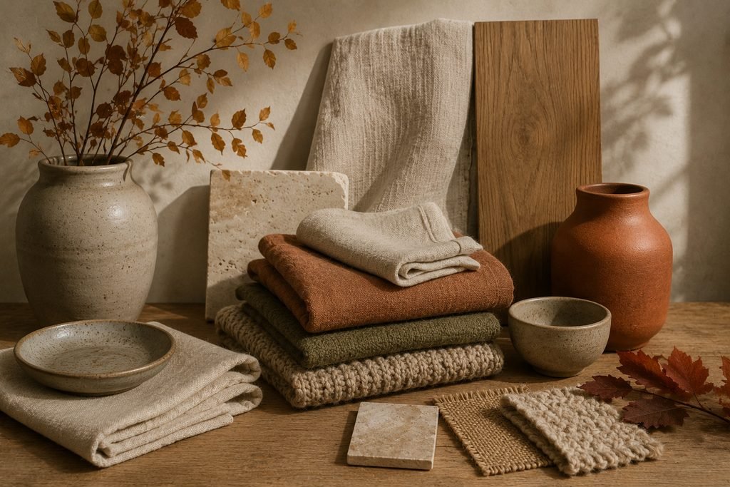 Materiais naturais combinados com cores
quentes de outono
