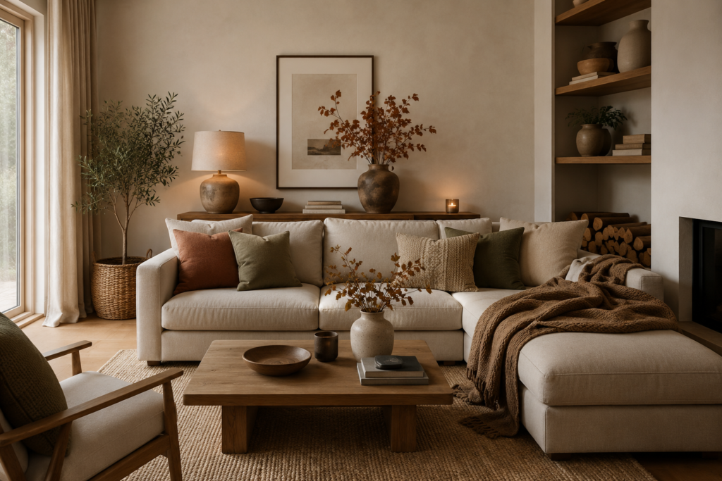 Sala acolhedora com decoração de outono em materiais e tons naturais