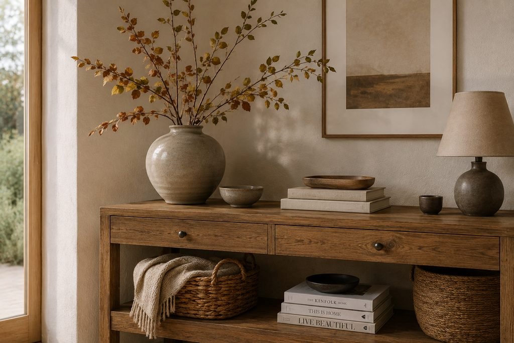 Ramos naturais e cerâmica numa decoração
de outono simples