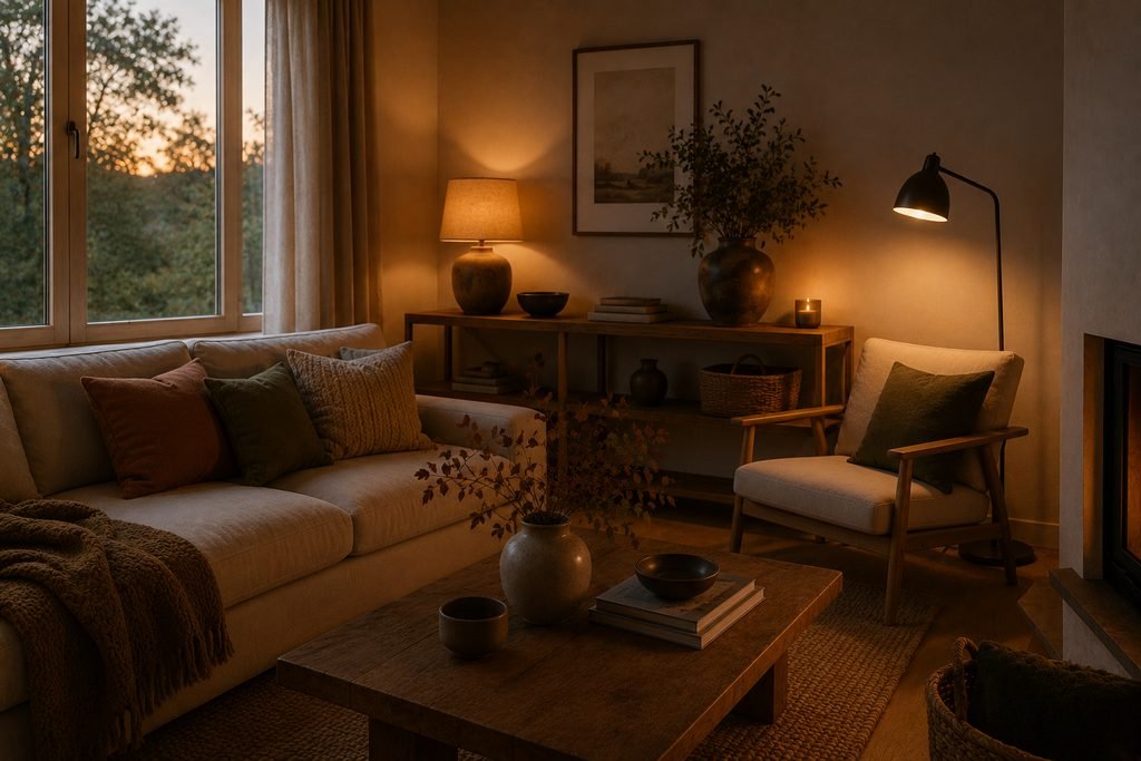 Sala com luz natural e iluminação suave
para uma atmosfera acolhedora