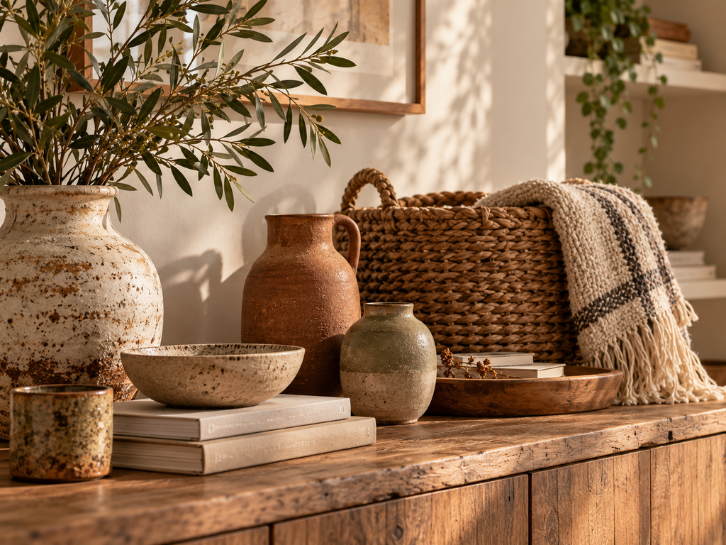 Cerâmica artesanal e cesto de fibras naturais para decoração de outono